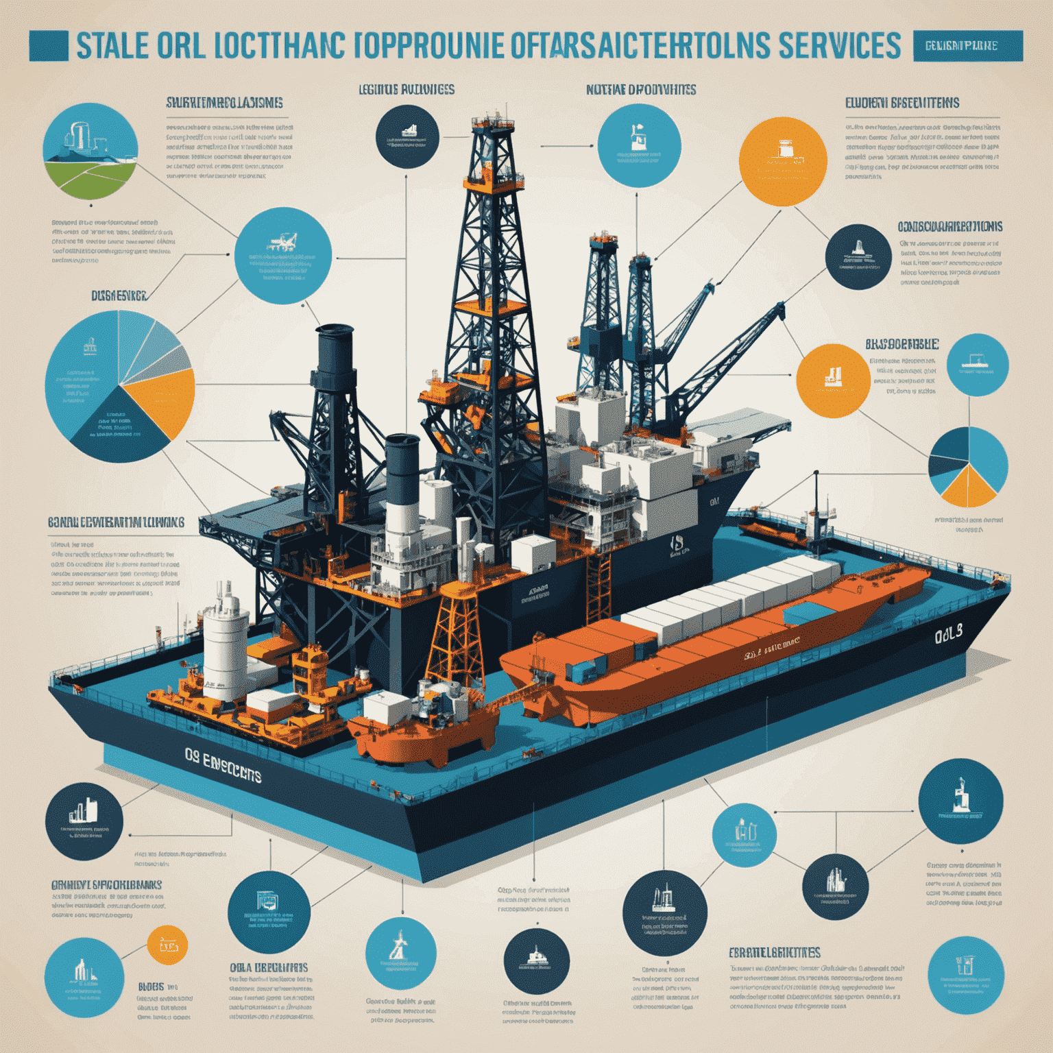 Infographic showing various business opportunities in the oil sector, including equipment manufacturing, logistics, and environmental services