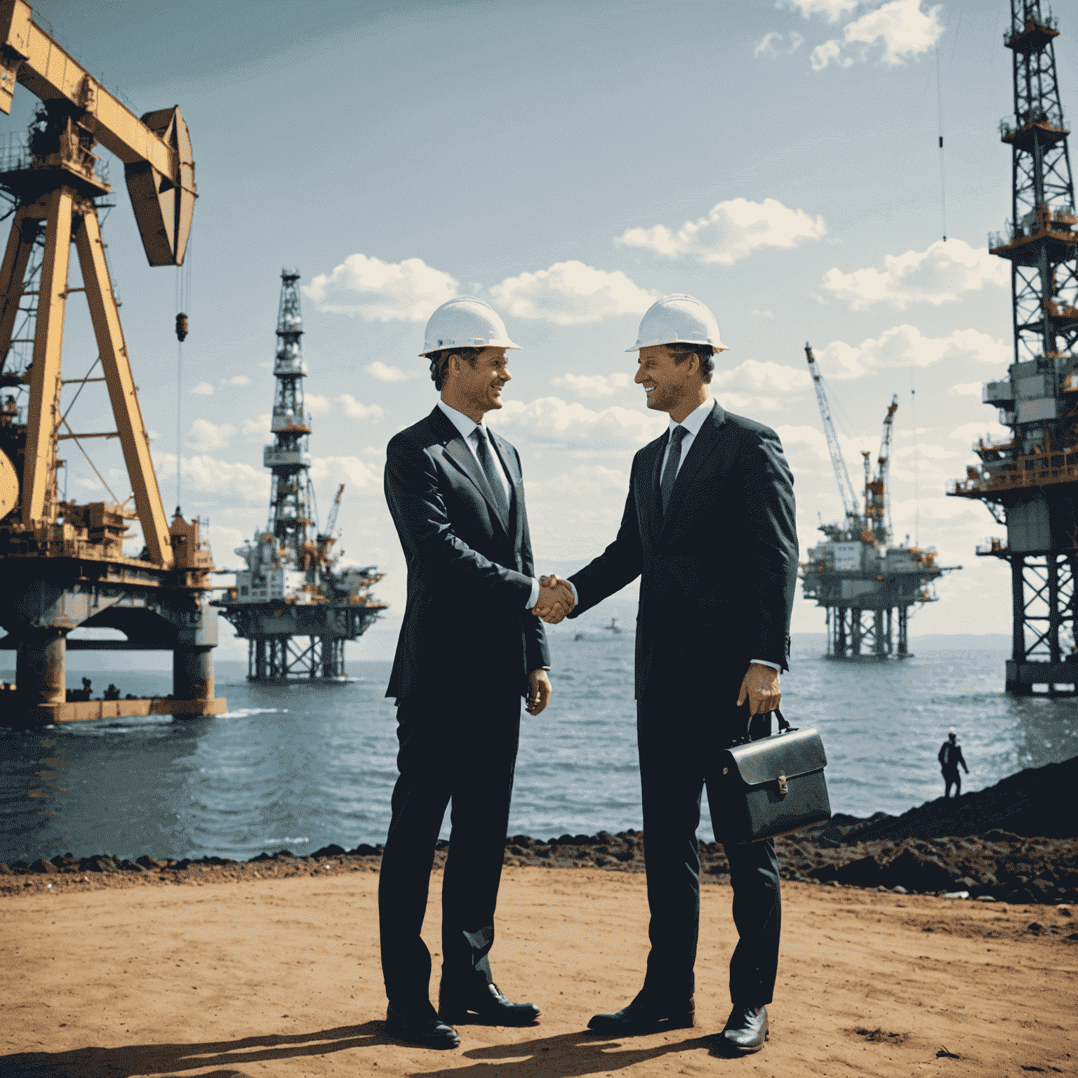 An image showing business people shaking hands with oil rigs in the background, representing networking and partnerships in the oil industry